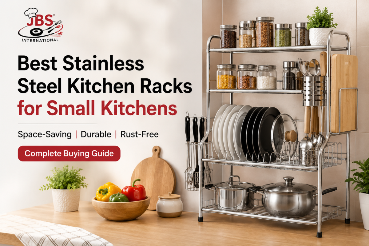 Best stainless steel kitchen rack for small kitchens with organized cookware, plates, and storage shelves.