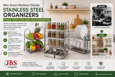 Modern kitchen featuring stainless steel spice rack, dish drying rack, fruit basket and kitchen organizers for smart storage solutions.
