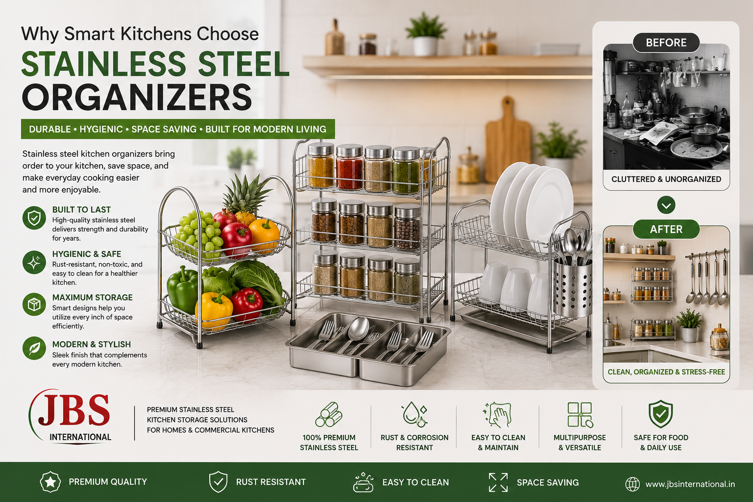 Modern kitchen featuring stainless steel spice rack, dish drying rack, fruit basket and kitchen organizers for smart storage solutions.