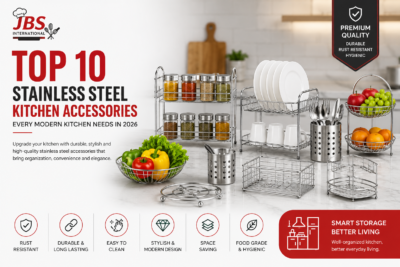 Top 10 stainless steel kitchen accessories including spice rack, dish drying rack, fruit basket and utensil holder for modern kitchens.
