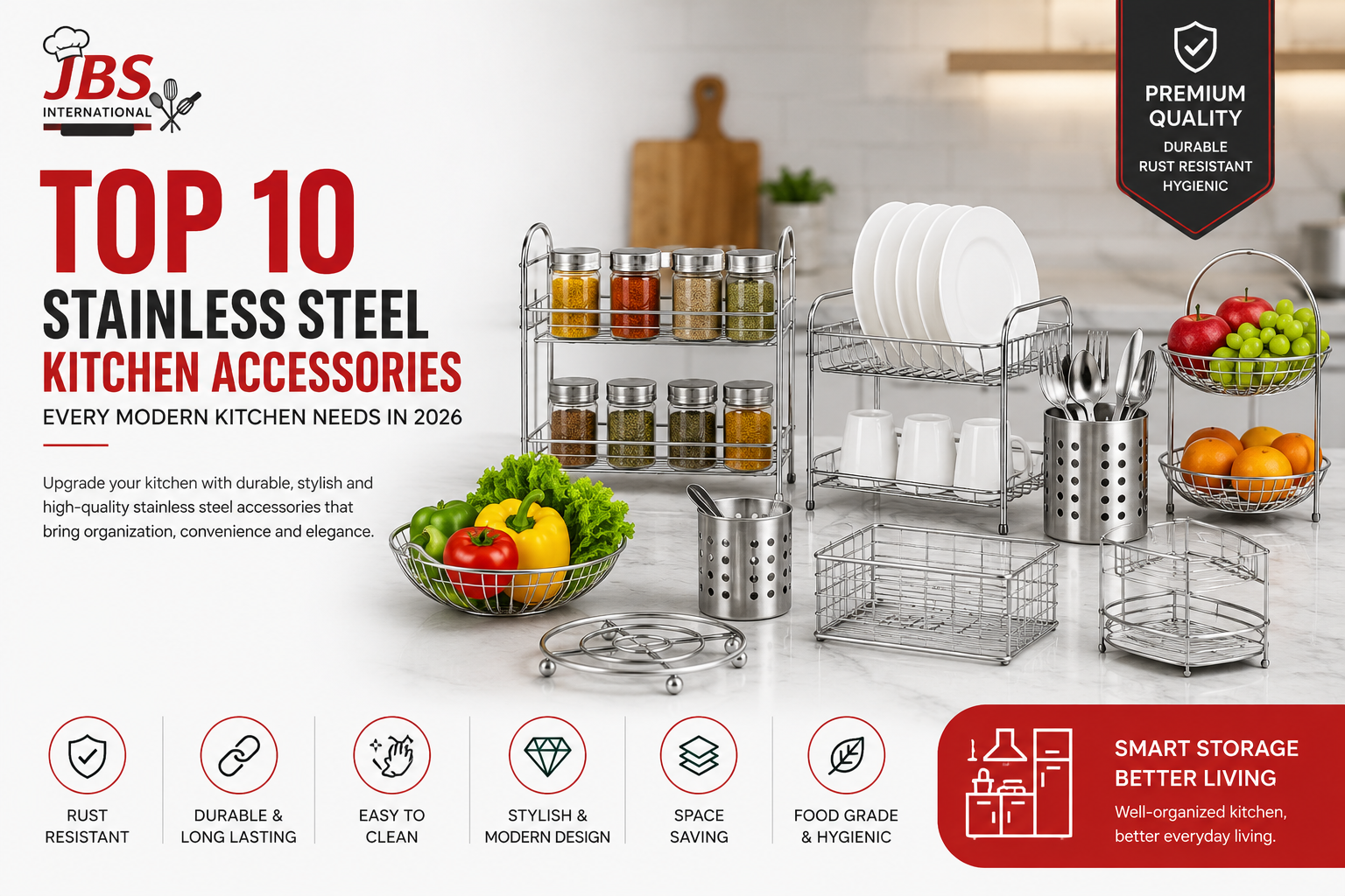 Top 10 stainless steel kitchen accessories including spice rack, dish drying rack, fruit basket and utensil holder for modern kitchens.